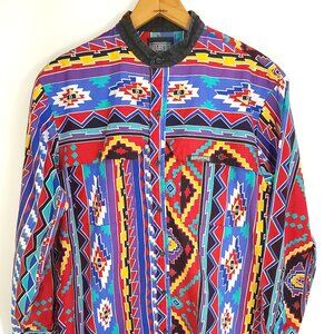Vtg Roughrider Western Shirt Men's Med Red Blue Southwestern Aztec Print USA